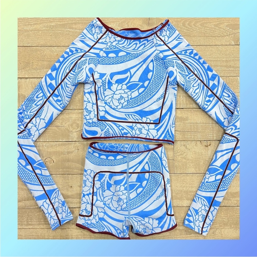 Free People Blue and White Floral Long Sleeve Crop Top & Shorts Set
